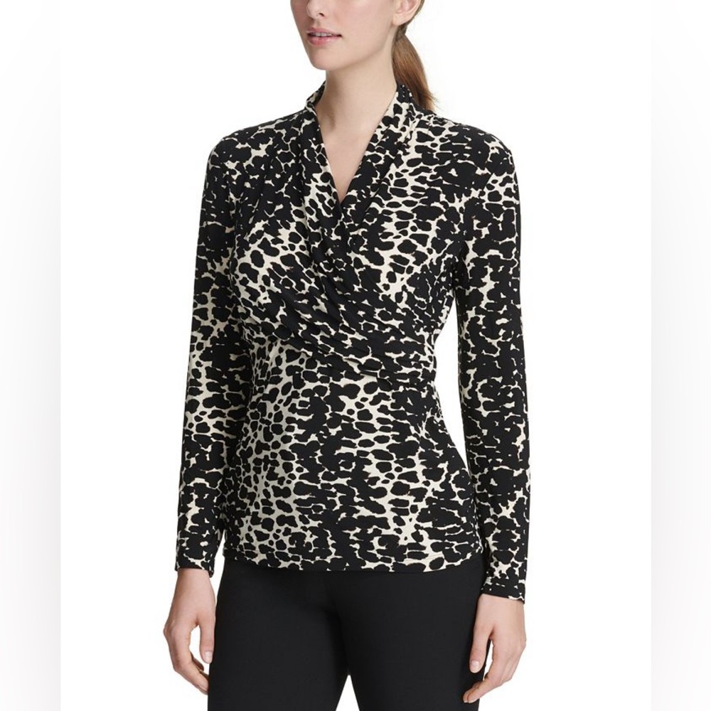 DKNY Animal Print Wrap Top Size Large Petite